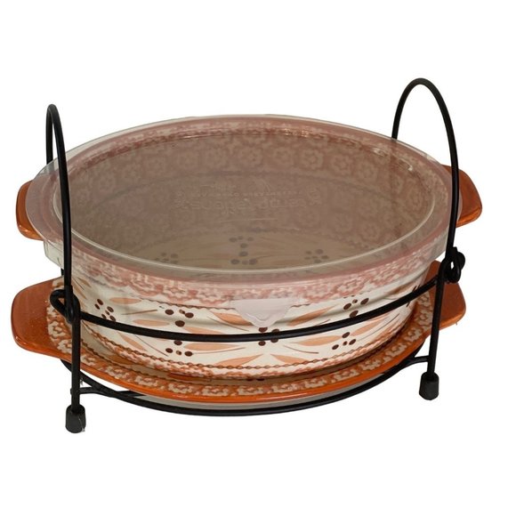 Casserole Trivet Dish 3 Plates Metal Stand 6pc Temptations by Tara Old World 2 - Picture 7 of 13